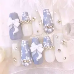 No.67オーダー♡量産型ワンホン韓国フレンチガーリーフラワージェルネイルチップ