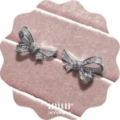 ピアスイヤリング/リボン シルバー925バレエコアジルコニア人工ダイヤ322