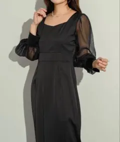 シースルー袖 ブラックマキシドレス