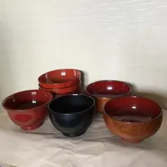 木製 汁椀　内朱塗り赤2個／木製黒汁椀／木製赤汁椀／プラスチック汁椀3個のサムネイル