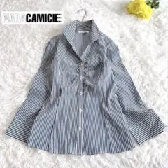 【良品/ナラカミーチェ】ギャザーストライプ七分袖ストレッチブラウス スキッパー