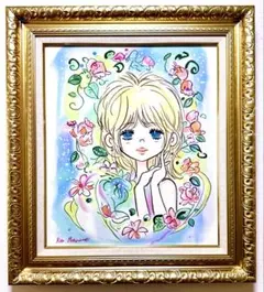 F6号】水森亜土 手描き作品/表裏サイン・裏描き有/油彩/アクリル/額縁