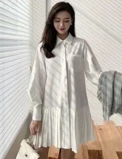 プリーツ切替シャツワンピース ホワイト Sサイズ 長袖 韓国風 きれいめ