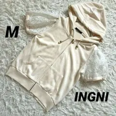 【イング】 ジップアップパーカー レース袖 パフスリーブ レース切替 フード付き