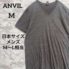 ANVIL アンビル Vネック 半袖 杢グレー 無地 Tシャツ M 薄手
