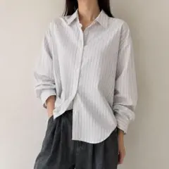 一度のみ着用 IENA T/Cプレーンシャツ ブルー ストライプ フリーサイズ 