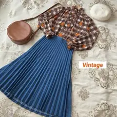 ⭐️レトロ古着　チェック　花柄　茶　ブラウス⭐️昭和　ヴィンテージ　バラ　春　シャツ