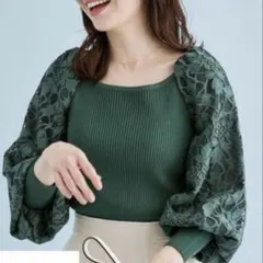 VIS ビス　すっきりスクエアネック袖レースニット