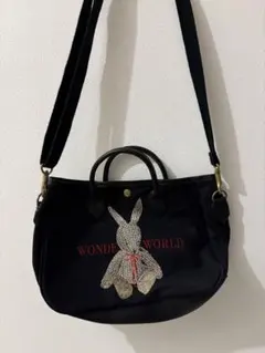 ワンダフルワールド ギンガムチェック うさぎ 2wayバッグ ブラック