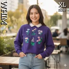 US古着 WHIM 紫色 花柄プリント トレーナー XLサイズ