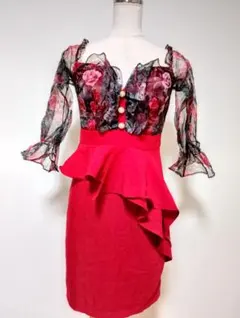 赤いフラワープリントドレス　キャバ　ドレス　JEWELS М