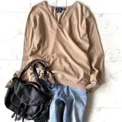 美品 ポロラルフローレン Vネック コットンニット ベージュ 白刺繍