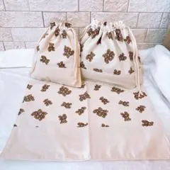 No.103ブラウン×くま柄/給食袋3点セット/コップ袋/お弁当袋/ランチマット