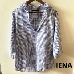 IENA イエナ ギンガムチェック 七分袖 リネンシャツ スキッパー ブラウス