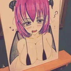 手描きイラスト アナログ オリジナル 創作 中色紙 サキュバス 原画 一点物