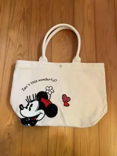 ミニーマウス　トートバッグ　相良刺繍　生成り　ディズニーストア