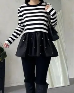 今週限定値下げパフスリーブ裾パールドッキングニット