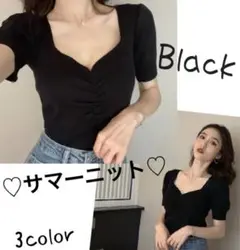 【ブラック　黒】新品　レディース　トップス　フリーサイズ　ニット　半袖　夏秋