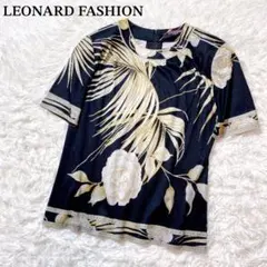 LEONARD レオナール 花柄 トリム リーフ 半袖 カットソー 日本製 黒