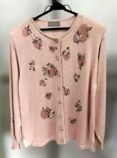 花柄刺繍 ビーズ　長袖カーディガン　サーモンピンク