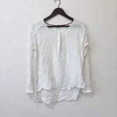 ベネトン ブラウス ノーカラー 長袖 シワ加工 L 白 コットン お出かけのサムネイル
