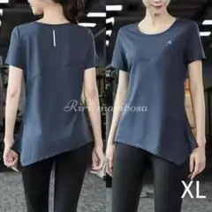 アシメトリー半袖スポーツTシャツXLサイズ ネイビー ジム ヨガウェア トップス
