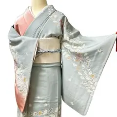 AA79愛華 着物 訪問着 箔 流水花柄 仕付け糸 正絹 - メルカリ