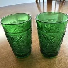 骨董 時代ガラス 上品プレス ビリジアングリーン 多面角 葡萄紋
