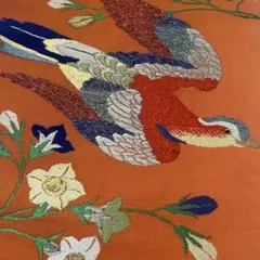 最終値下げ　アンティーク！！鳥と桔梗の本袋帯　深みのあるオレンジ！　龍村平蔵のサムネイル