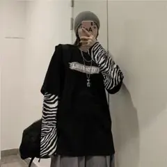 長袖 レイヤード Tシャツ モノトーン ゼブラ柄 オーバーサイズ 地雷系 クール