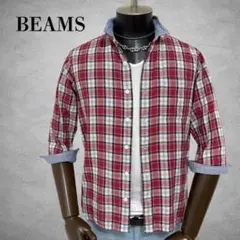BEAMS 七分袖シャツ　チェックシャツ　カジュアルシャツ　赤チェック柄