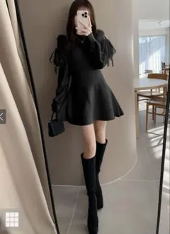 GRL チュールショルダーファーフレアニットミニワンピース