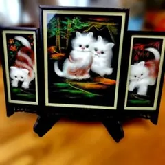 懐かしい昭和レトロ商品☆アンティーク 掛け時計 3D立体写真 子猫 額縁