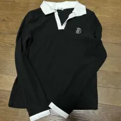 リブ編み ブラック 長袖ポロシャツ