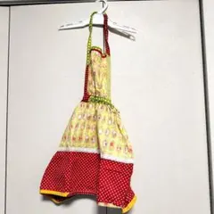 ハンドメイド キッズエプロン 緑 赤 水玉模様