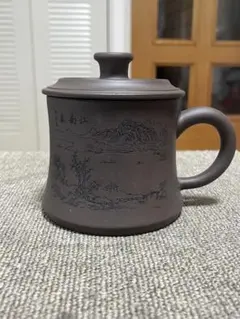 中国美術 彭初群 茶器 マグカップ 紫砂 ペア 宜興 1客セット 蓋付き 山水図