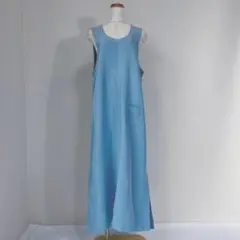 無地 ポケット ノースリーブ ロング ワンピース ブルー Y197