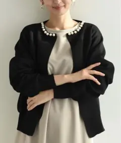 インタープラネットパールカーディガンボンディングジャケットノーカラーニット上着