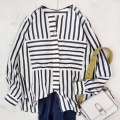 美品 シクラス 上質 コットンシルク アイコニックストライプシャツ ブラックのサムネイル