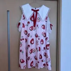 いちご柄　オープンショルダーミニワンピース