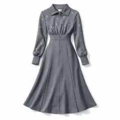 グレー ドット柄 長袖 シャツワンピース