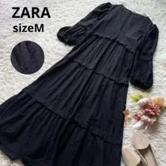 ザラ　美品　花柄カットワークレースティアードロングワンピース　ドレス　七分袖　M