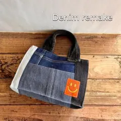 紙袋風 デニムリメイク トートバッグ ミニ ランダムパッチ ハンドメイド バッグ