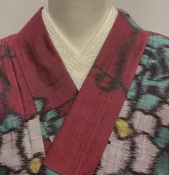 未使用　アンティーク　銘仙　着物　袷　えんじ　花柄　正絹のサムネイル