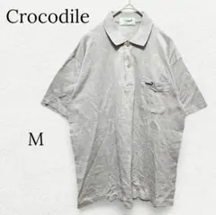 965【クロコダイル】半袖ポロシャツ 総柄 ワニ刺繍 ワッペン グレー M 古着