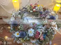 フラワーリース✳︎・:*大人ロマンティックリース瑠璃玉アザミと小夏の花々／藍色