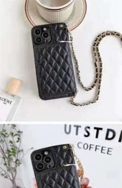 キルティングデザイン ブラック iPhone 14proケース ストラップ付き