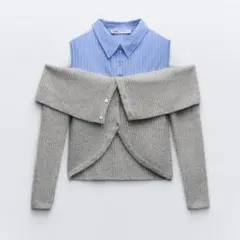 ZARA コントラスト カットアウト ニットセーター ブルー グレー S