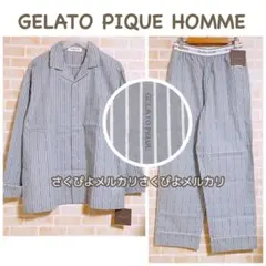 新品未使用ジェラートピケオム　ロゴ入りストライプパジャマ　上下　メンズ　ブルーＭ