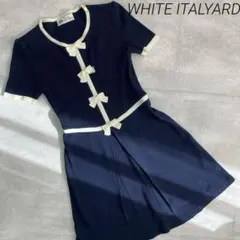 美品❣️ホワイトイタリアード リボン切替ワンピース 半袖 フレア ネイビー